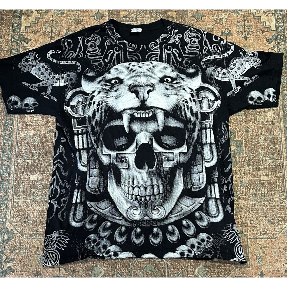 Yazbek Aztec Jaguar Warrior Skull T Shirt Mens XL Black All Over Print AOP Mayan